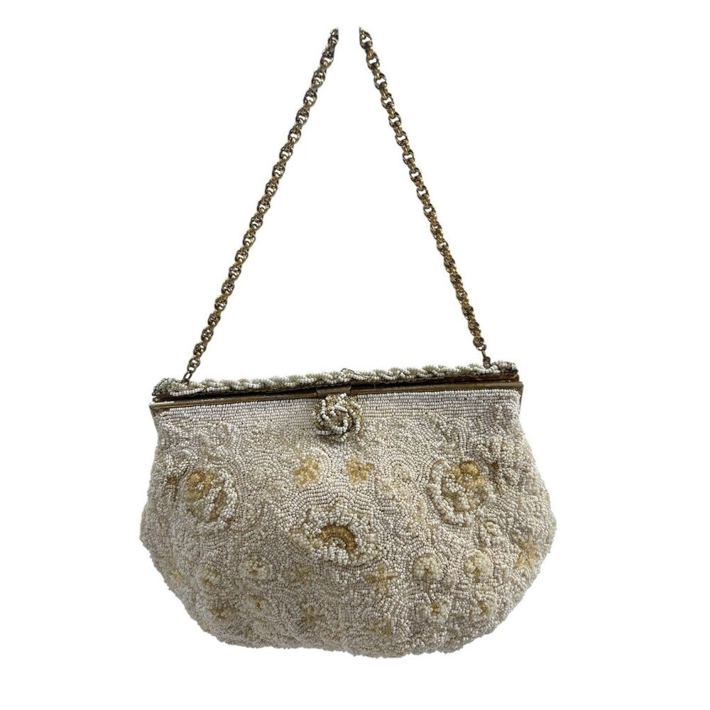 Vintage Rosenfeld Cream and Gold Hand Beaded Purse Made In Belgium